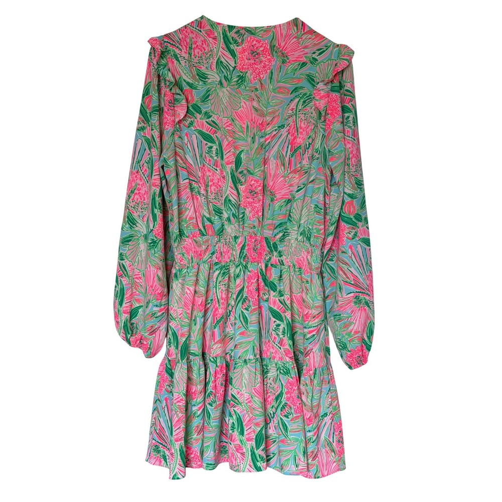 Lilly Pulitzer Taviana Dress Womens 16 Pink Green Floral Smocked Ruffle Mini - Picture 4 of 6